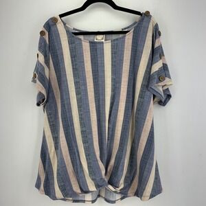 Truself Womens 3X Blue Striped Twist Front Short Sleeve Scoop Neck Button Top